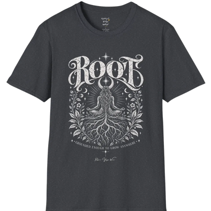 Seated meditating figure with tree roots intertwining with the crossed legs, growing down into the earth, botanical framing either side. Root T-Shirt flat lay is a Gildan 64000, in Dark Heather Grey.