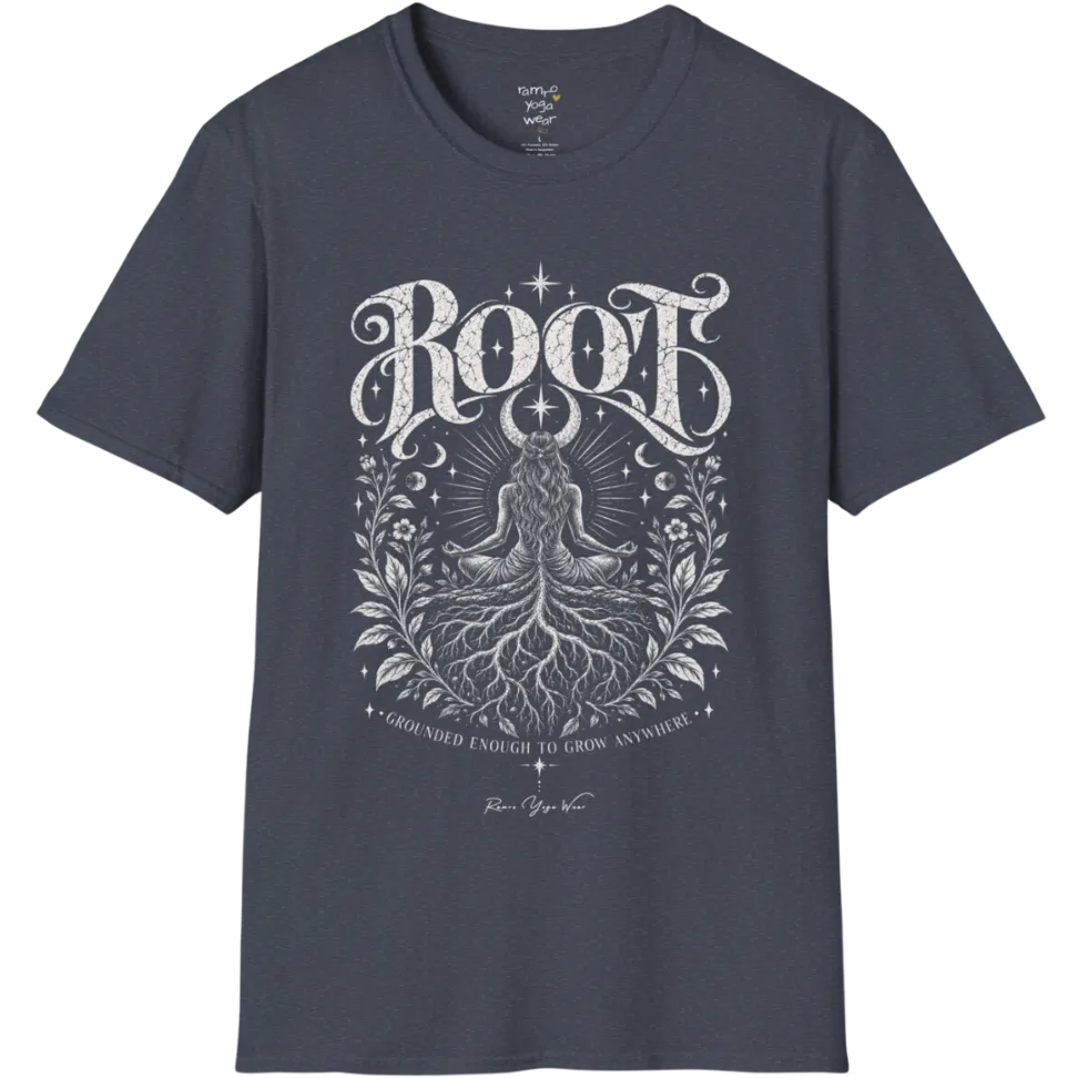 Seated meditating figure with tree roots intertwining with the crossed legs, growing down into the earth, botanical framing either side. Root T-Shirt flat lay is a Gildan 64000, in Heather Navy.