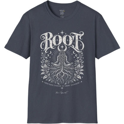 Seated meditating figure with tree roots intertwining with the crossed legs, growing down into the earth, botanical framing either side. Root T-Shirt flat lay is a Gildan 64000, in Heather Navy.