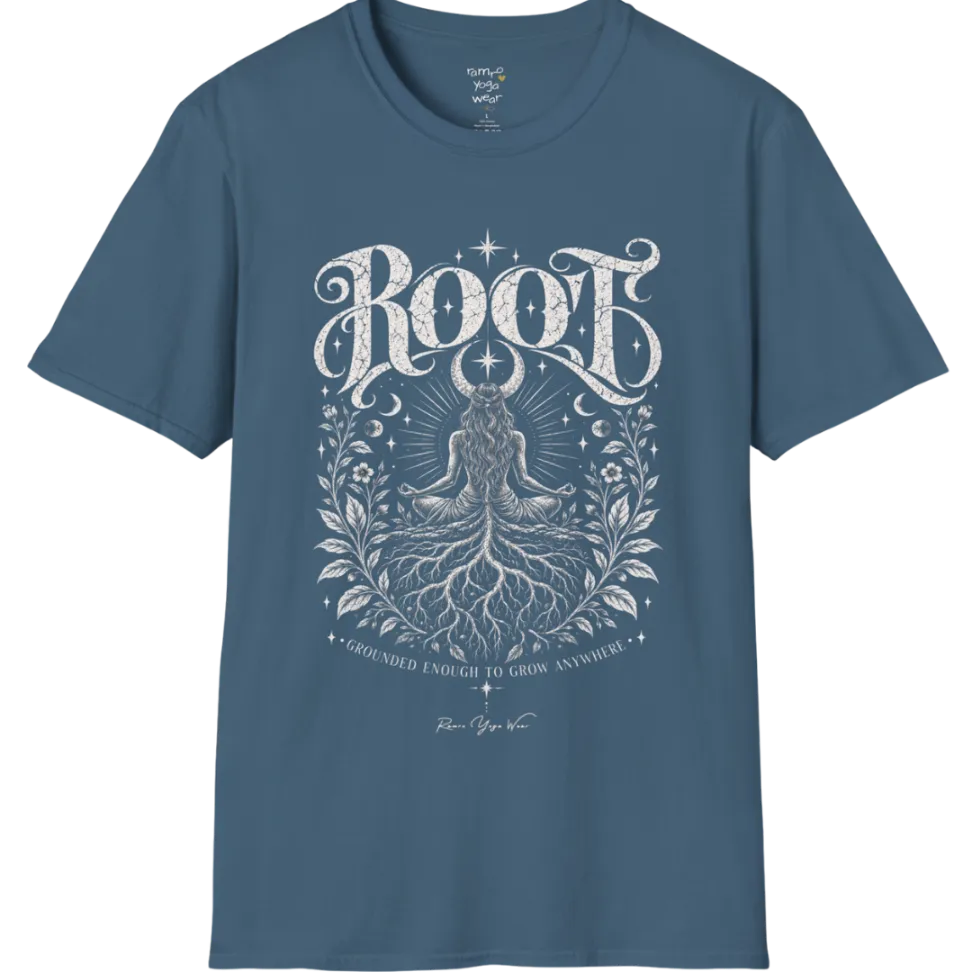 Seated meditating figure with tree roots intertwining with the crossed legs, growing down into the earth, botanical framing either side. Root T-Shirt flat lay is a Gildan 64000, in Indigo Blue.