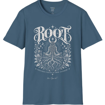 Seated meditating figure with tree roots intertwining with the crossed legs, growing down into the earth, botanical framing either side. Root T-Shirt flat lay is a Gildan 64000, in Indigo Blue.