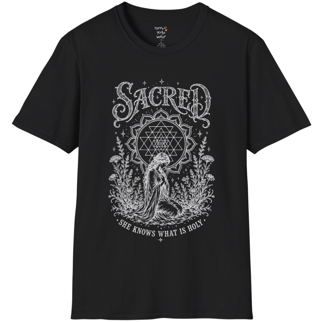 Sacred  yoga shirt in black — Sri Yantra and kneeling woman engraving design — Sacred Thread collection by Ramro Yoga Wear