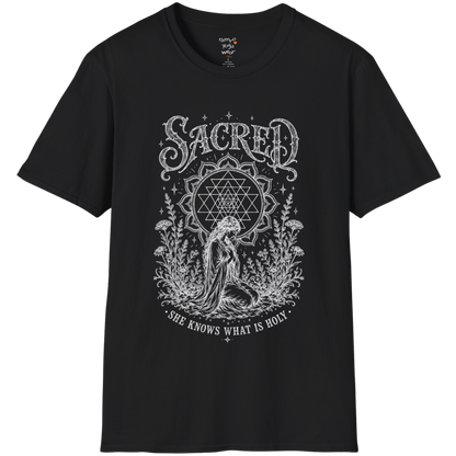 Sacred  yoga shirt in black — Sri Yantra and kneeling woman engraving design — Sacred Thread collection by Ramro Yoga Wear