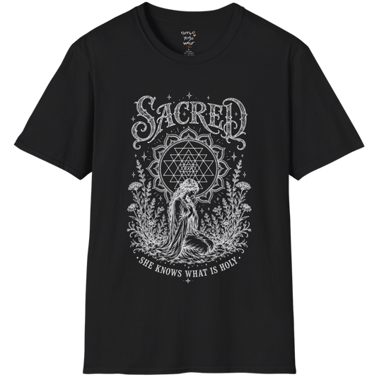 Sacred  yoga shirt in black — Sri Yantra and kneeling woman engraving design — Sacred Thread collection by Ramro Yoga Wear