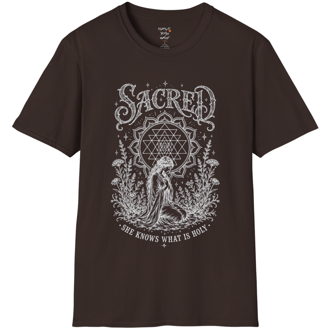Dark Sacred yoga shirt in dark chocolate — Sri Yantra and kneeling woman engraving design — Sacred Thread collection by Ramro Yoga Wear