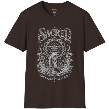 Dark Sacred yoga shirt in dark chocolate — Sri Yantra and kneeling woman engraving design — Sacred Thread collection by Ramro Yoga Wear
