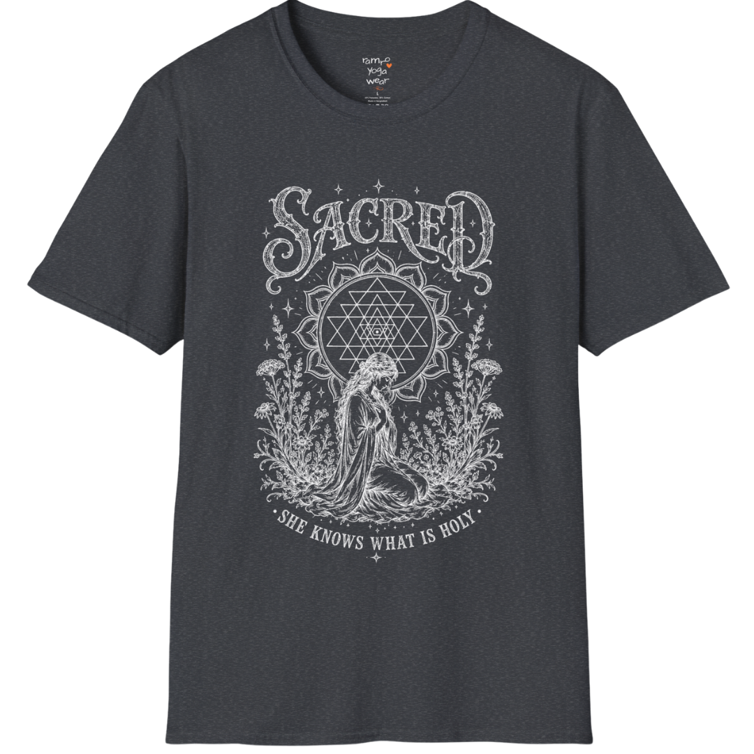 Sacred yoga shirt in dark heather grey — Sri Yantra and kneeling woman engraving design — Sacred Thread collection by Ramro Yoga Wear