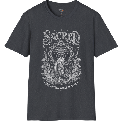 Sacred yoga shirt in dark heather grey — Sri Yantra and kneeling woman engraving design — Sacred Thread collection by Ramro Yoga Wear