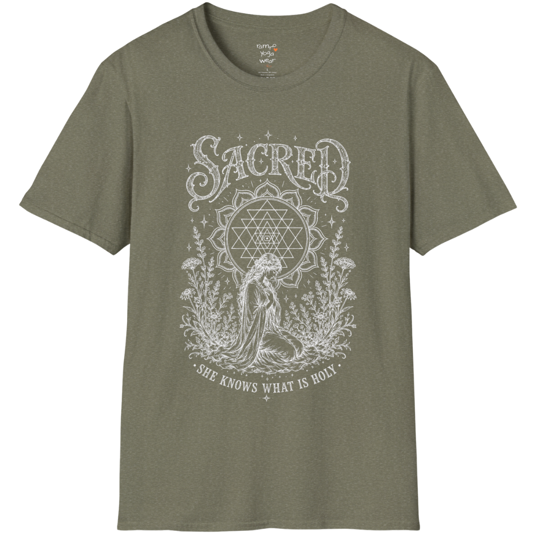 Sacred yoga shirt in heather military green — Sri Yantra and kneeling woman engraving design — Sacred Thread collection by Ramro Yoga Wear