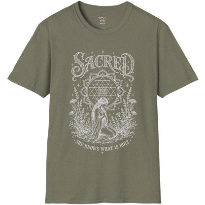 Sacred yoga shirt in heather military green — Sri Yantra and kneeling woman engraving design — Sacred Thread collection by Ramro Yoga Wear