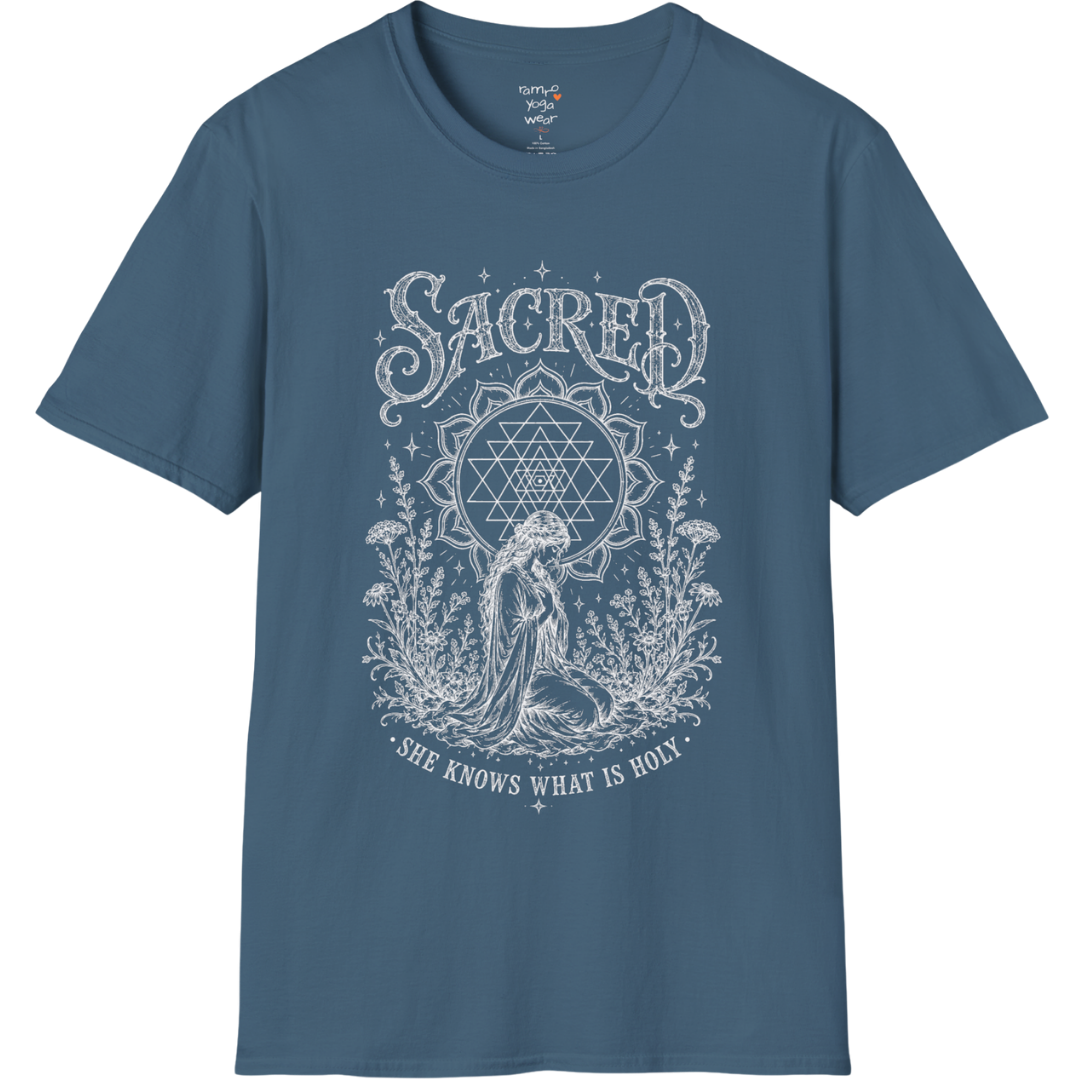 Sacred yoga shirt in indigo blue — Sri Yantra and kneeling woman engraving design — Sacred Thread collection by Ramro Yoga Wear