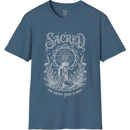 Sacred yoga shirt in indigo blue — Sri Yantra and kneeling woman engraving design — Sacred Thread collection by Ramro Yoga Wear