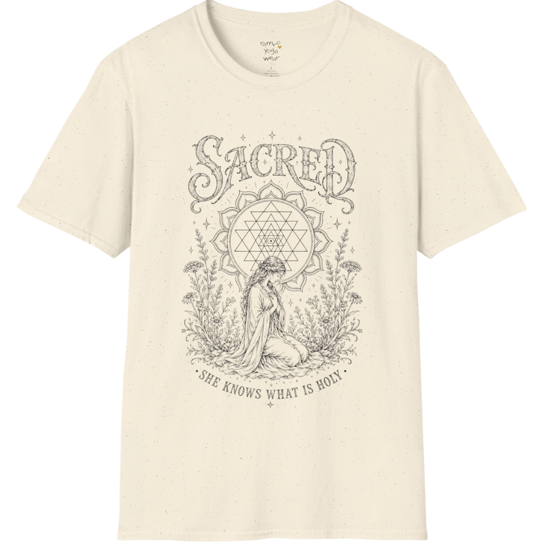 Sacred  yoga shirt in Natural — Sri Yantra and kneeling woman engraving design — Sacred Thread collection by Ramro Yoga Wear