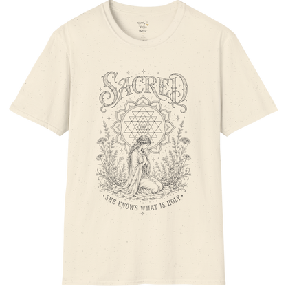 Sacred  yoga shirt in Natural — Sri Yantra and kneeling woman engraving design — Sacred Thread collection by Ramro Yoga Wear