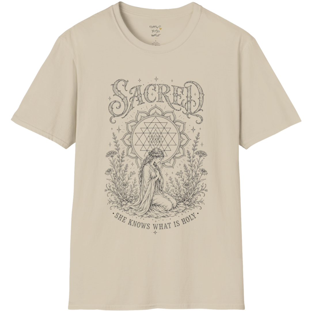 Sacred yoga shirt in sand — Sri Yantra and kneeling woman engraving design — Sacred Thread collection by Ramro Yoga Wear
