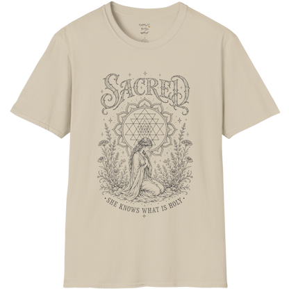 Sacred yoga shirt in sand — Sri Yantra and kneeling woman engraving design — Sacred Thread collection by Ramro Yoga Wear