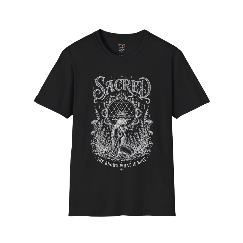 Sacred dark sacred yoga shirt in black — Sri Yantra and kneeling woman engraving design — Sacred Thread collection by Ramro Yoga Wear