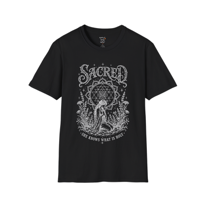 Sacred dark sacred yoga shirt in black — Sri Yantra and kneeling woman engraving design — Sacred Thread collection by Ramro Yoga Wear