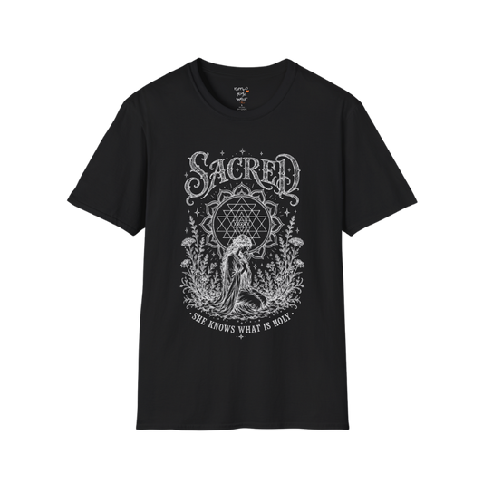 Sacred dark sacred yoga shirt in black — Sri Yantra and kneeling woman engraving design — Sacred Thread collection by Ramro Yoga Wear