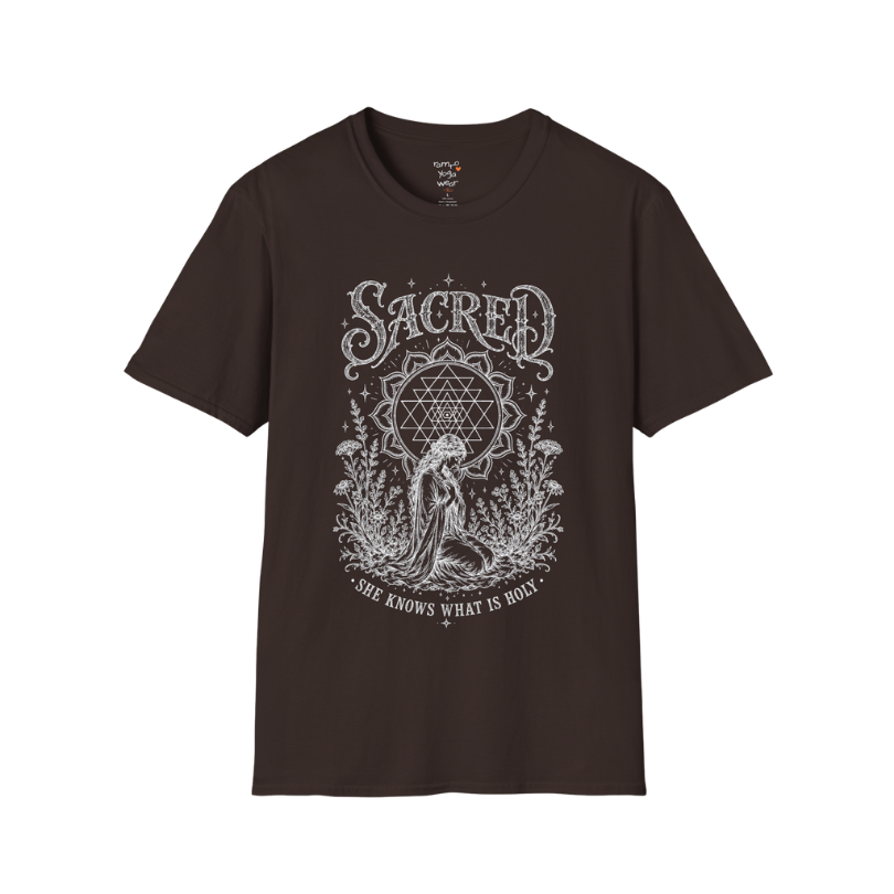 Sacred dark sacred yoga shirt in dark chocolate — Sri Yantra and kneeling woman engraving design — Sacred Thread collection by Ramro Yoga Wear