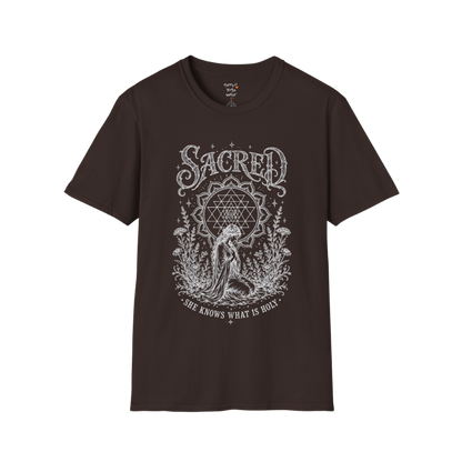 Sacred dark sacred yoga shirt in dark chocolate — Sri Yantra and kneeling woman engraving design — Sacred Thread collection by Ramro Yoga Wear