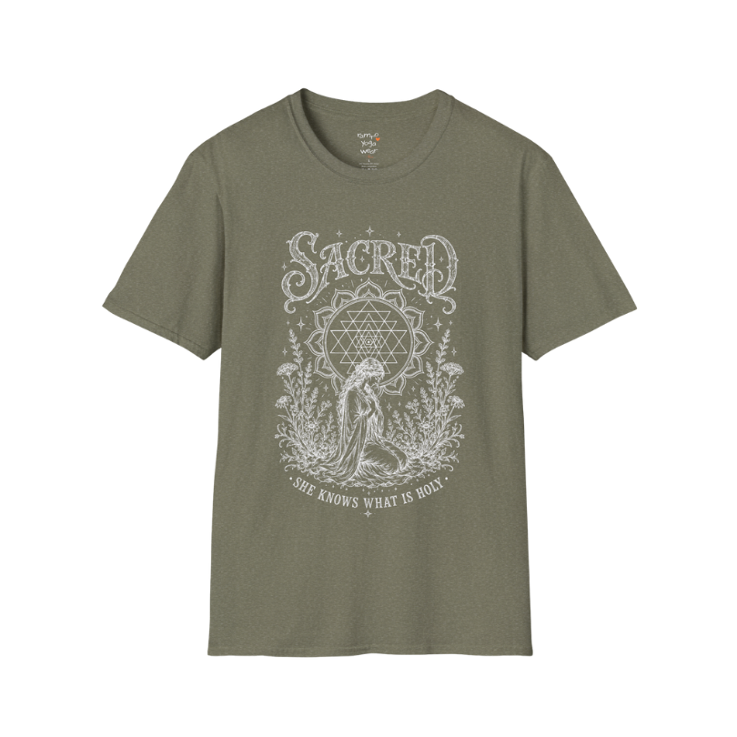 Sacred dark sacred yoga shirt in heather military green — Sri Yantra and kneeling woman engraving design — Sacred Thread collection by Ramro Yoga Wear