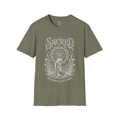 Sacred dark sacred yoga shirt in heather military green — Sri Yantra and kneeling woman engraving design — Sacred Thread collection by Ramro Yoga Wear