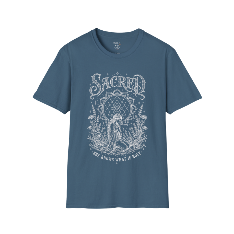 Sacred dark sacred yoga shirt in indigo blue — Sri Yantra and kneeling woman engraving design — Sacred Thread collection by Ramro Yoga Wear