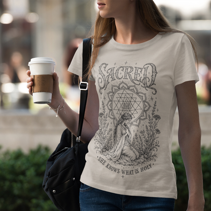 Woman wearing Sacred natural yoga shirt on city street holding coffee — Sacred Thread collection by Ramro Yoga Wear