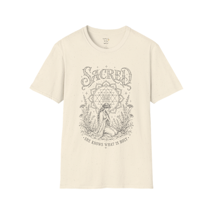 Sacred sacred yoga shirt in natural — Sri Yantra and kneeling woman engraving design — Sacred Thread collection by Ramro Yoga Wear