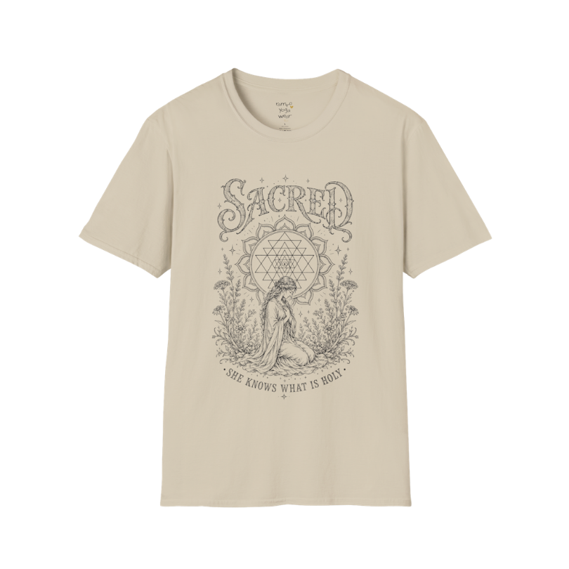 Sacred sacred yoga shirt in sand — Sri Yantra and kneeling woman engraving design — Sacred Thread collection by Ramro Yoga Wear