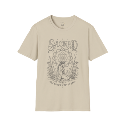 Sacred sacred yoga shirt in sand — Sri Yantra and kneeling woman engraving design — Sacred Thread collection by Ramro Yoga Wear