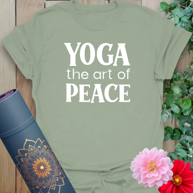 Sage Art of Yoga T-Shirt – Green cotton yoga tee with peaceful mantra and relaxed fit for everyday wear
