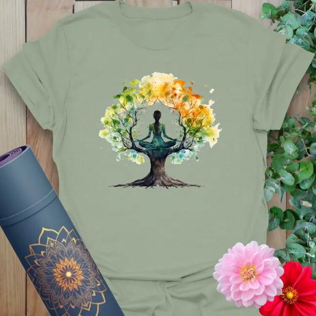 Green Be Free T-Shirt with meditating yogi inside tree of life for peaceful yoga living
