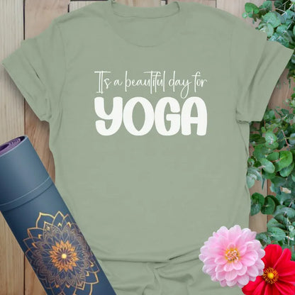 Sage green t-shirt with joyful yoga quote and lightweight cotton feel