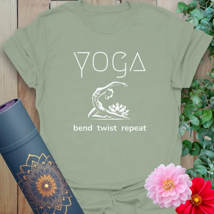 Sage green t-shirt with yogi stretch graphic and bend twist repeat mantra