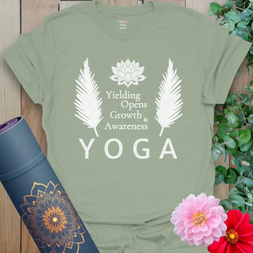 Sage green yoga shirt with palm and lotus symbols and uplifting yoga message