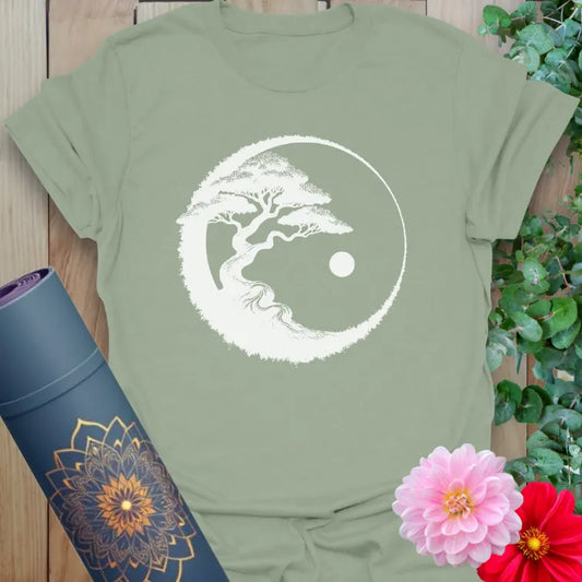 Sage green Bonsai T-Shirt with zen-inspired bonsai tree and balance symbol