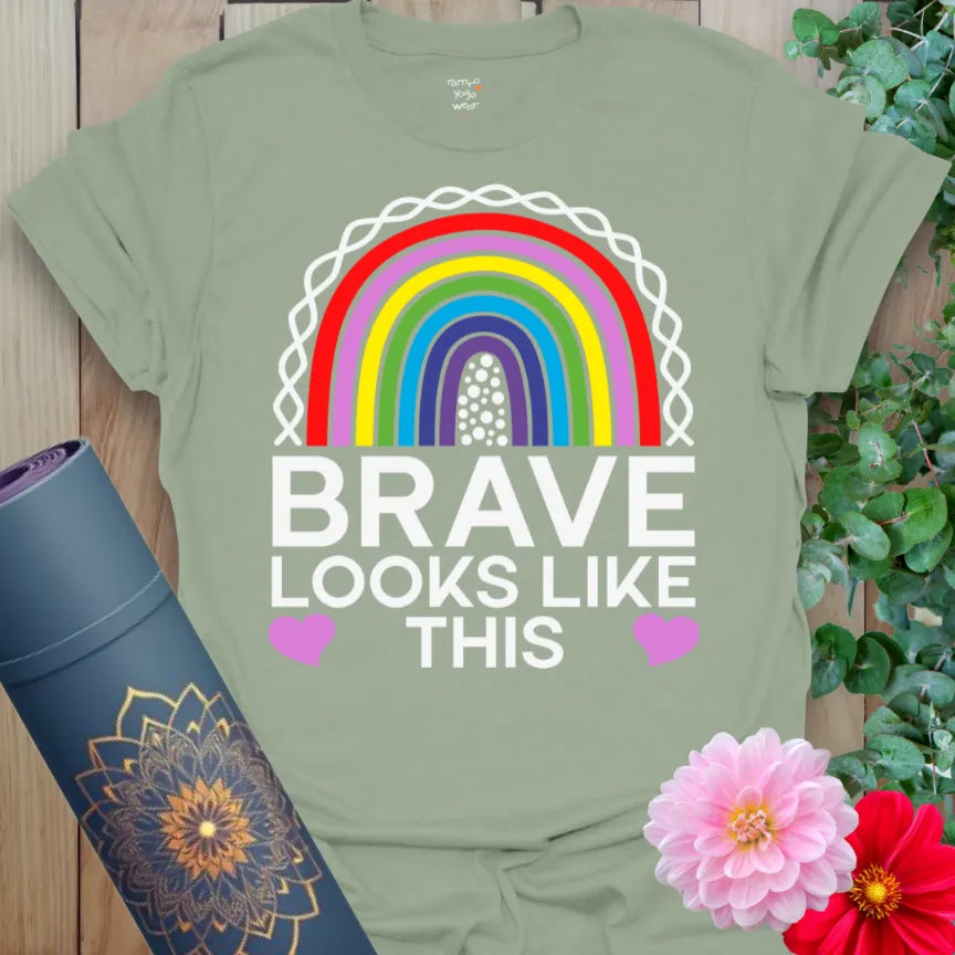 Sage green t-shirt with colorful rainbow and brave affirmation print