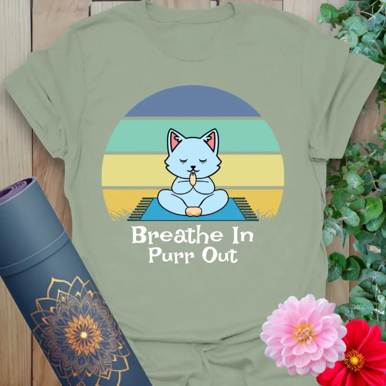 Sage green t-shirt with cute meditation cat and calming "Breathe In Purr Out" text