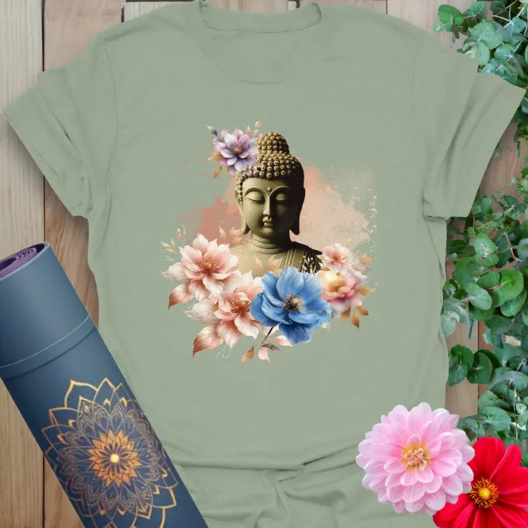 Sage green Buddha shirt featuring calm floral design and spiritual energy