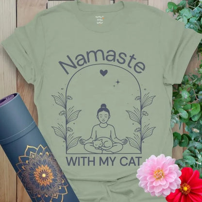 Sage Cat Nap T-Shirt featuring a meditating figure with a cat on their lap and “Namaste With My Cat” text.