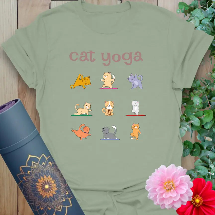 Sage green cat yoga shirt with cute illustrated poses for mindful living