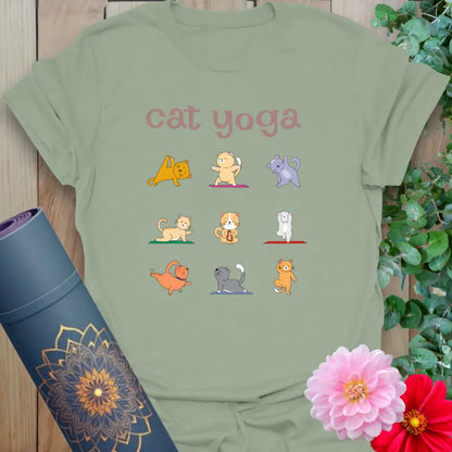 Sage green cat yoga shirt with cute illustrated poses for mindful living