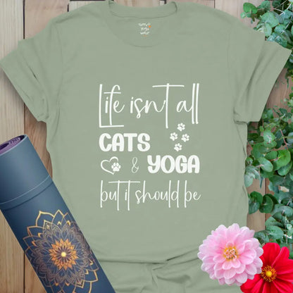 Sage Cat Yoga T-Shirt with crisp white paw prints and heart motif. Relaxed yoga wear for cat lovers.