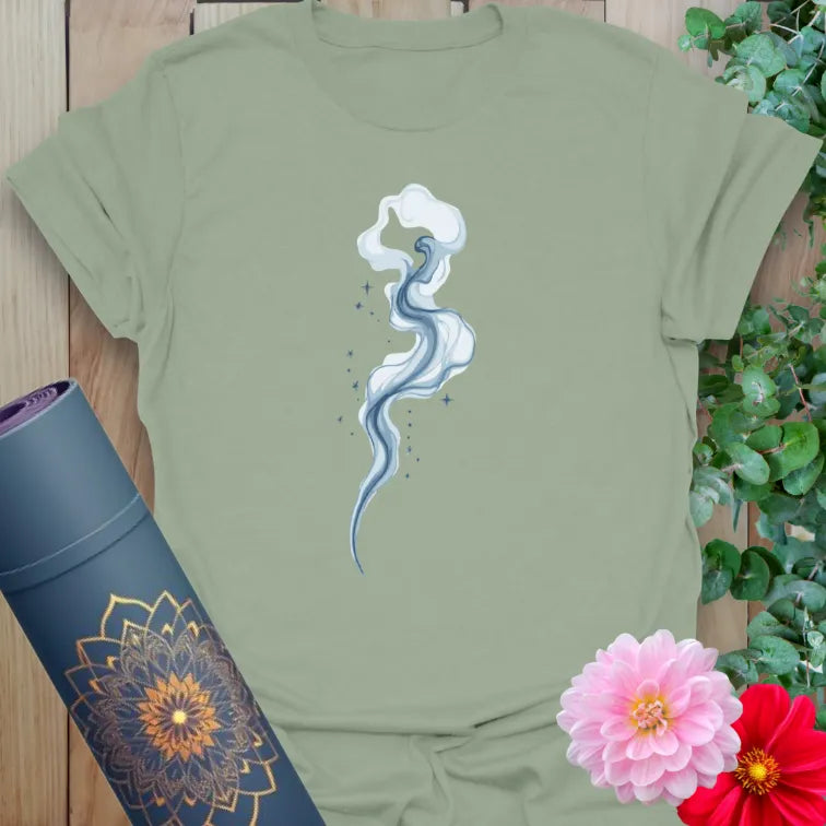 Sage green spiritual t-shirt with ethereal smoke and stardust design