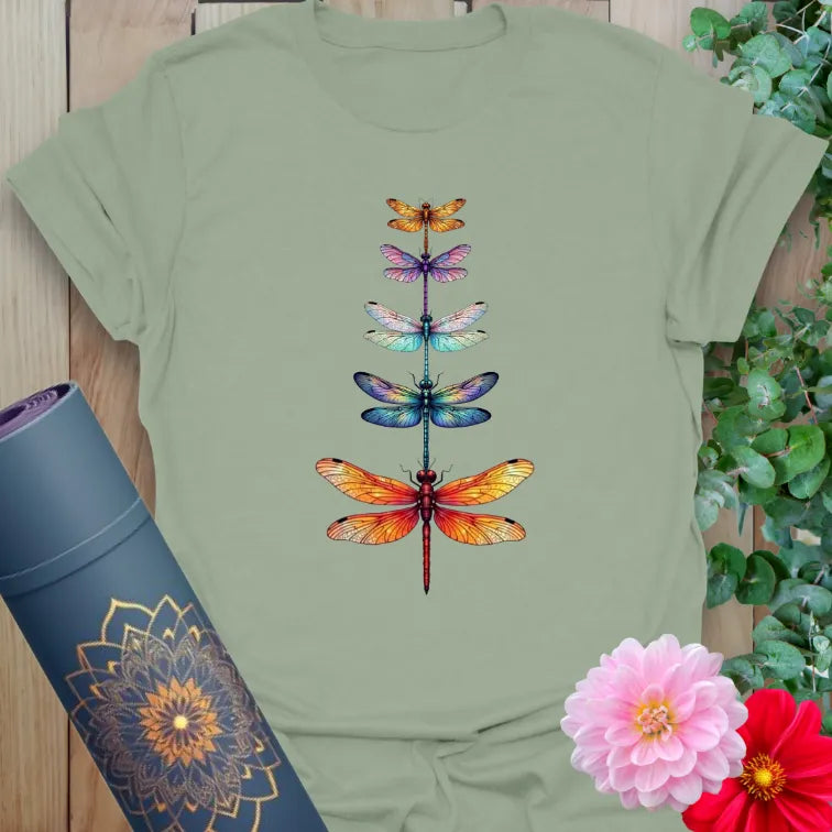 Sage green yoga shirt with rainbow dragonfly design for soulful transformation