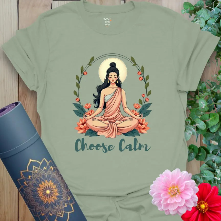 Sage Choose Calm T-Shirt with floral and leafy illustration from Soul In Flow by Ramro Yoga Wear.