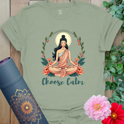 Sage Choose Calm T-Shirt with floral and leafy illustration from Soul In Flow by Ramro Yoga Wear.