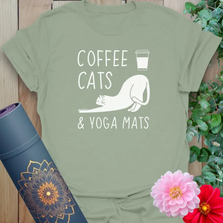 Sage green t-shirt with coffee, cats, and yoga mats cozy message